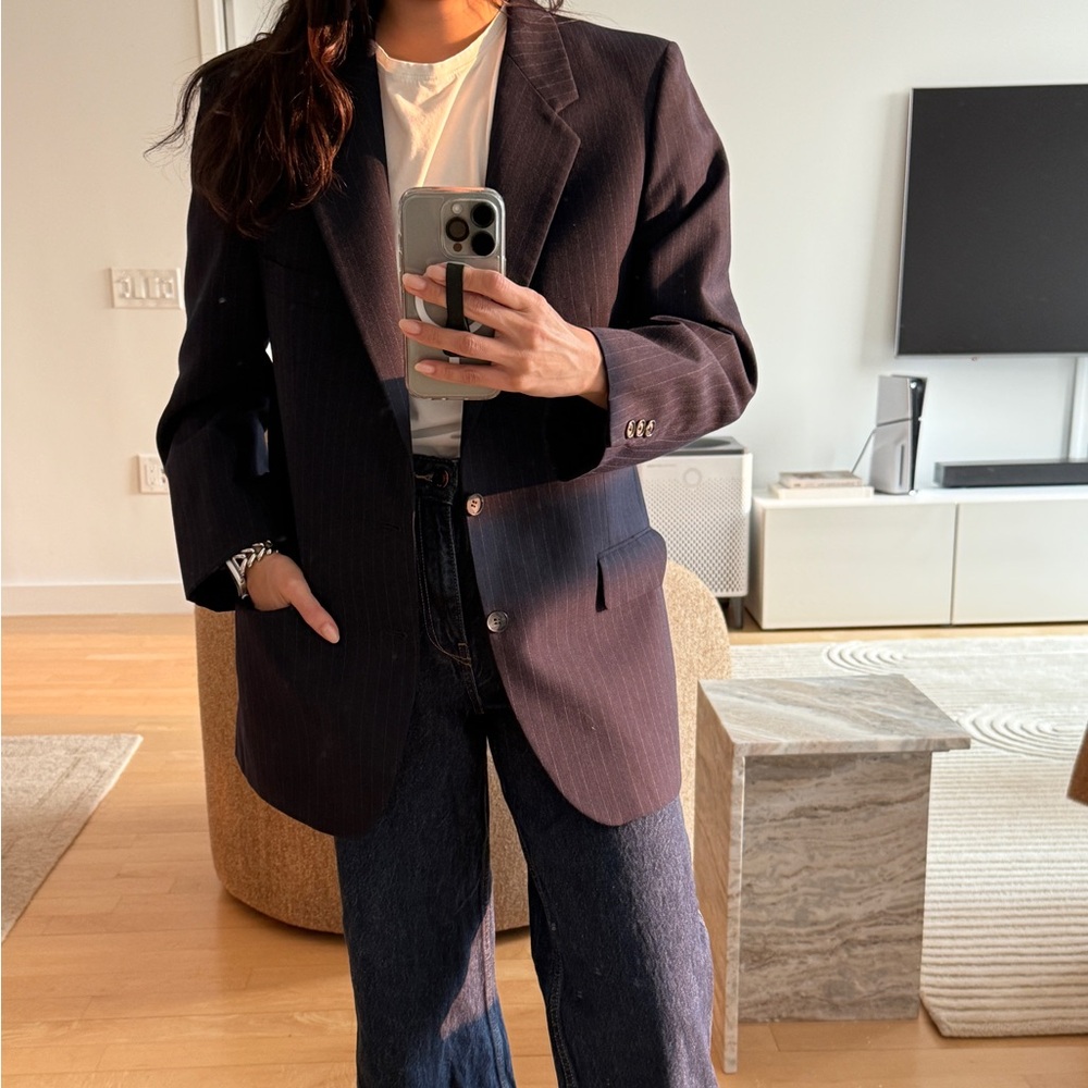 VINTAGE YVES SAINT LAURENT NAVY PINSTRIPE WOOL BLAZER SIZE SMALL